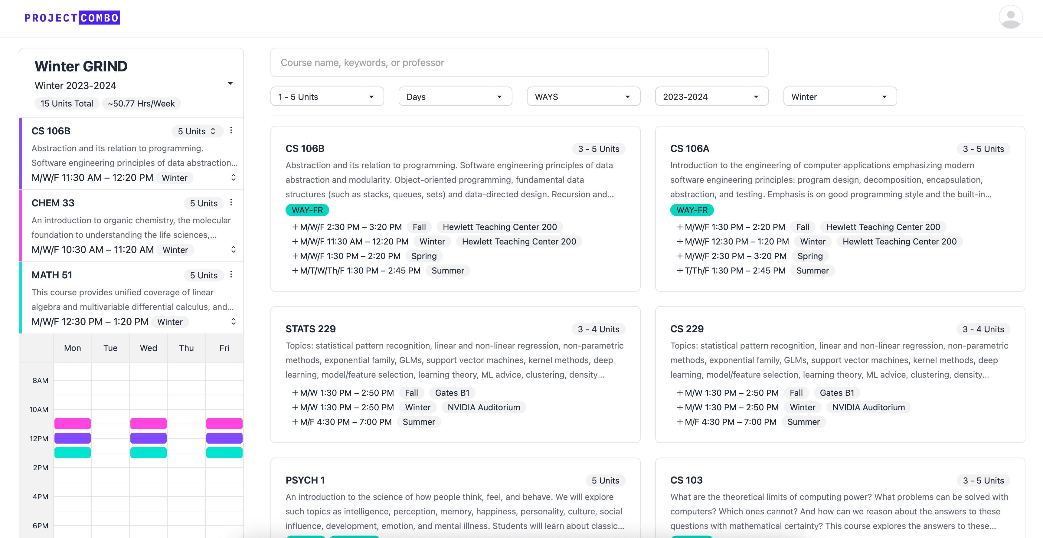 Screenshot of the searching dashboard